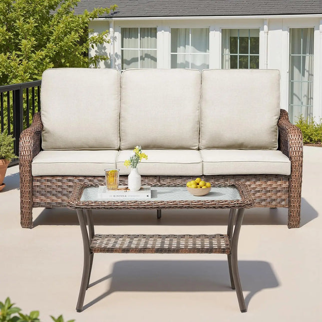 FurnitureZ l  Outdoor Patio Couch Wicker Sofa with Rattan Side Table