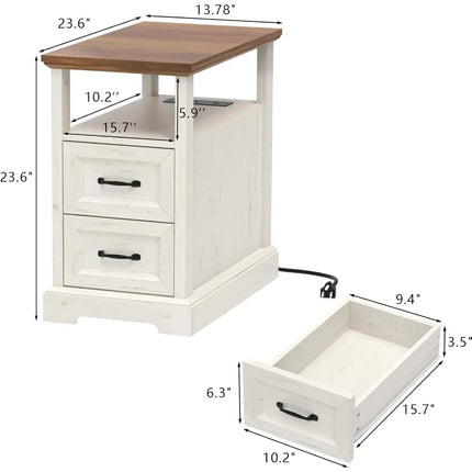 FurnitureZ l  Farmhouse End Table with Charging Station for Bedroom