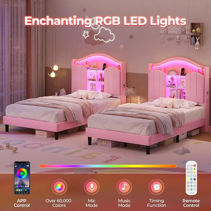 FurnitureZ l  Headboard Platform Twin Size Princess Bed Frame for Bedroom, Kids