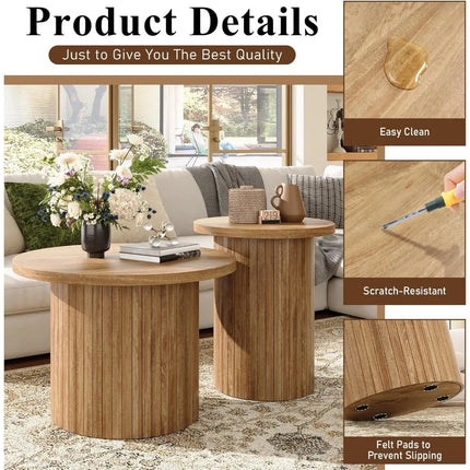 FurnitureZ l  Pair of Mid-Century Modern Round Wood Slat Coffee Tables for Living Room