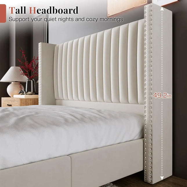 FurnitureZ l  Luxurious Velvet Queen Size Platform Bed Frame for Bedroom