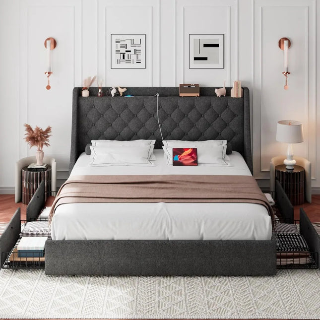 FurnitureZ l  Upholstered Queen-Size Bed Frame for Bedroom