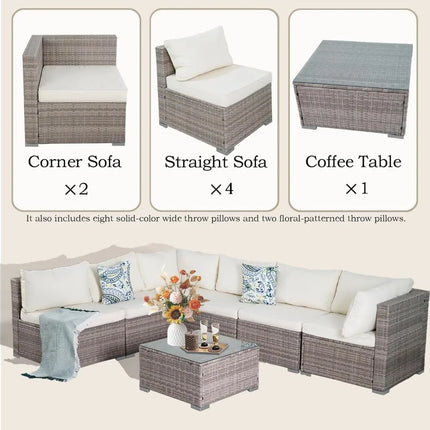 FurnitureZ l  7 Piece Outdoor Patio Sectional Sofa Set with able Cushions & Tempered Glass Table