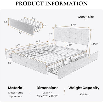 FurnitureZ l  Queen Size Upholstered Platform Bed Frame for Bedroom
