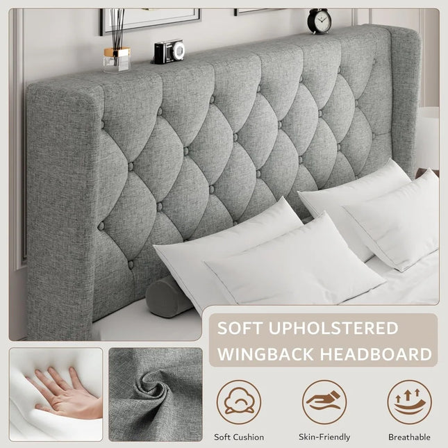 FurnitureZ l  Queen Size Upholstered Platform Bed Frame for Bedroom