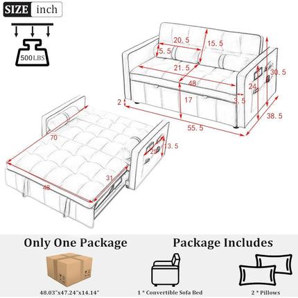 FurnitureZ l  55" 3 in 1 Pull Out Convertible Sofa Bed for Bedroom