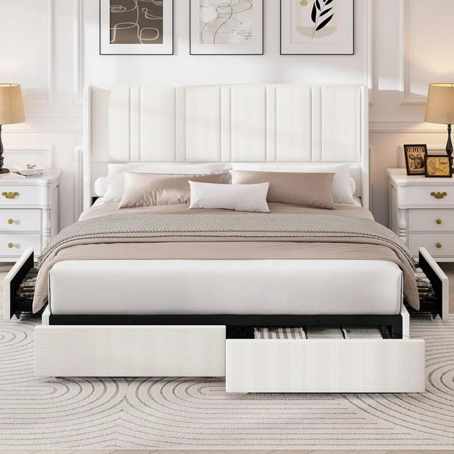 FurnitureZ l  Linen-Covered Queen Platform Bed Frame for Bedroom