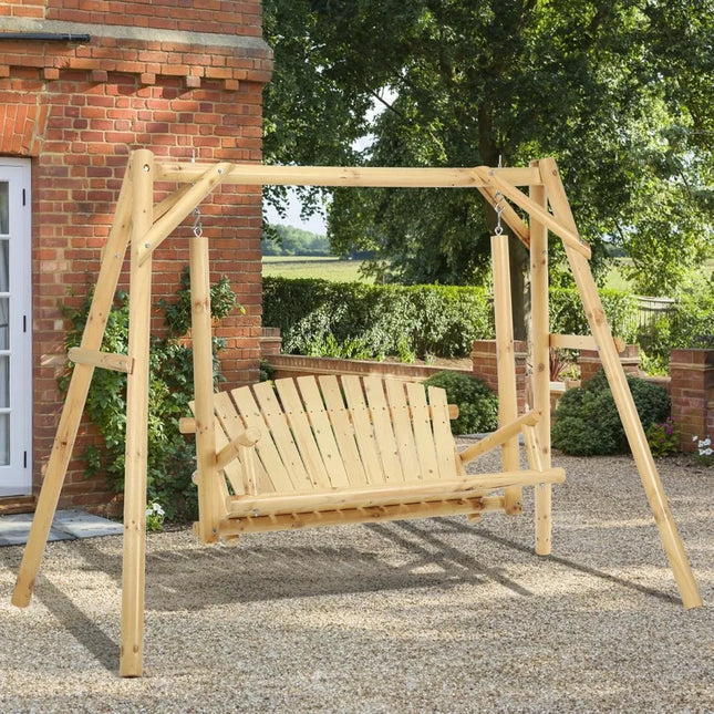 FurnitureZ l  Wooden 2-Seat Porch Swing with A-Frame Stand for Outdoor