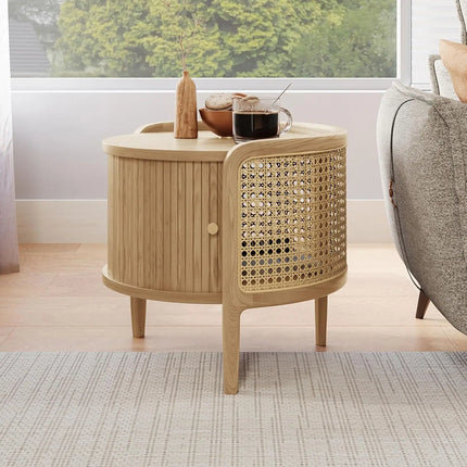 FurnitureZ l 19.69" Table with Roller Door & Woven Rattan for Living Room