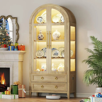 FurnitureZ l  Arched Glass Door Curio Cabinet for Living Room, Dining Room