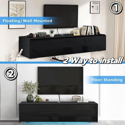 FurnitureZ l  Black High Gloss Floating TV Stand for Living Room, Bedroom