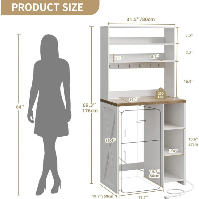 FurnitureZ l  White 6-Tier Mini Fridge Cabinet with Storage and Built-in Power Outlet