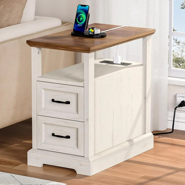 FurnitureZ l  Farmhouse End Table with Charging Station for Bedroom