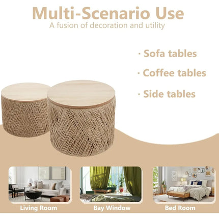 FurnitureZ l  Handcrafted 24" Round Wooden Nesting Coffee Table Set for Living Room