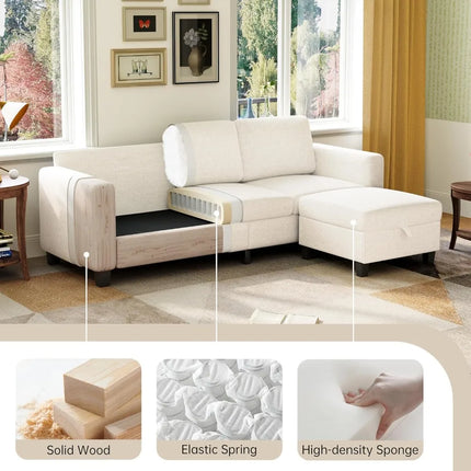 FurnitureZ l  Beige 78" L-Shaped 3-Seater Sectional Sofa for Living Room