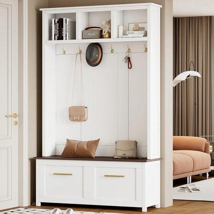 FurnitureZ l  Merax 47 Farmhouse Style Wood Hall Tree with Bench for Entryway