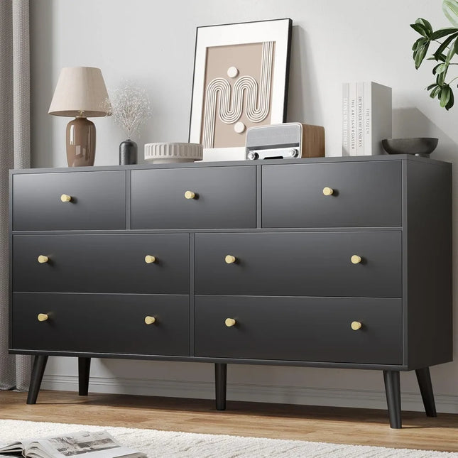 FurnitureZ l  Modern 7-Drawer Gold-Handled Dresser for Bedroom and Closet Storage