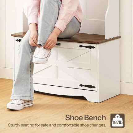 FurnitureZ l  Farmhouse-Style Entryway Bench with Coat Rack, Shoe Storage