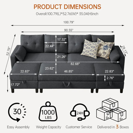FurnitureZ l  100" Convertible Sectional Sleeper Sofa for Living Room