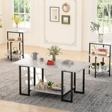 FurnitureZ l  Three-Piece Faux Marble and Metal Frame Table Set for Living Room
