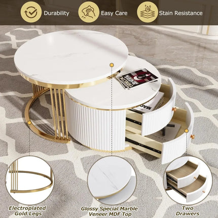 FurnitureZ l  Modern White Round Nesting Coffee Table Set for Living Room