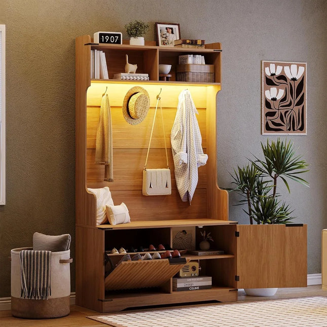 FurnitureZ l  67" Multi-Functional Entryway Storage Bench with Shoe Rack and Coat Hooks