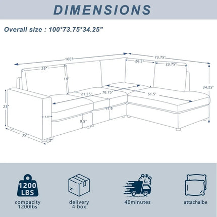 FurnitureZ l  100“ L Shaped Couch with Reversible Chaise Sectional Sofa Corner Couches for Living Room