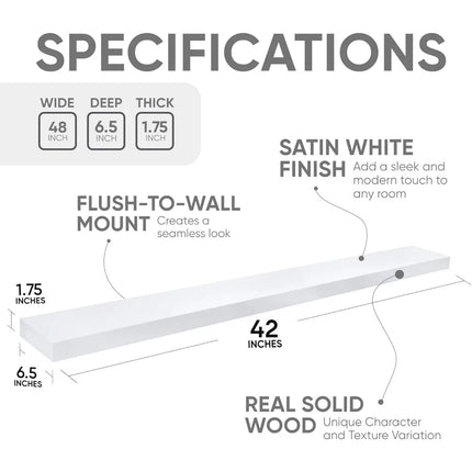 FurnitureZ l  Premium White 42" Wall-Mounted Solid Wood Floating Shelf for Kitchen, Home Office