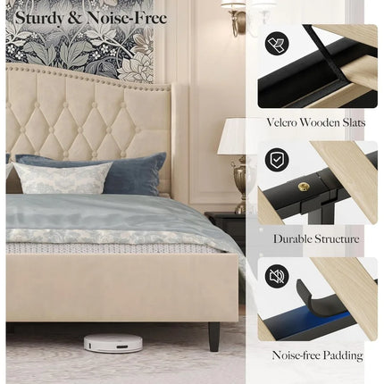 FurnitureZ l  Luxury Velvet Wingback Platform Bed Frame for Bedroom
