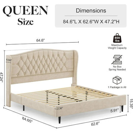 FurnitureZ l  Luxury Velvet Wingback Platform Bed Frame for Bedroom