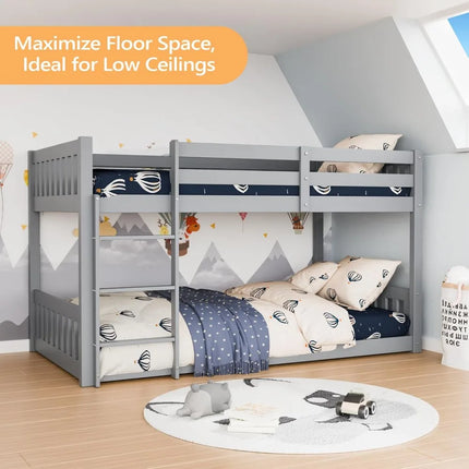 FurnitureZ l  Solid Wood Low Twin Over Twin Bunk Bed for Bedroom, Kids