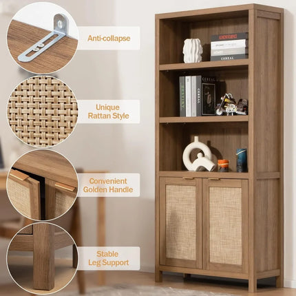 FurnitureZ l 71" Tall Bookshelf 5 Tier Rattan Boho Bookcase for Living Room, Home Office