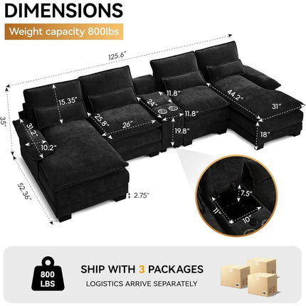 FurnitureZ l  125'' U Shaped Cloud Modular Sofa with Chaise Lounges for Living Room