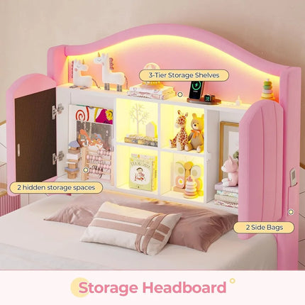 FurnitureZ l  Headboard Platform Twin Size Princess Bed Frame for Bedroom, Kids