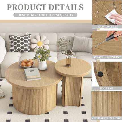 FurnitureZ l  Farmhouse Style Round Wood Coffee Table Set for Living Room