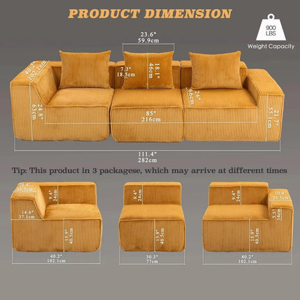 FurnitureZ l  110" Corduroy Compressed Modular Sectional Sofa for Living Room