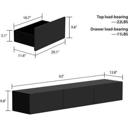 FurnitureZ l  63 Inch Wide Floating TV Stand for Living Room, Bedroom