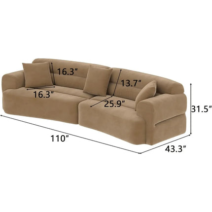 FurnitureZ l  110" W Curved Lazy Sofa with Soft Armrests and 3 Small Pillows for Living Room
