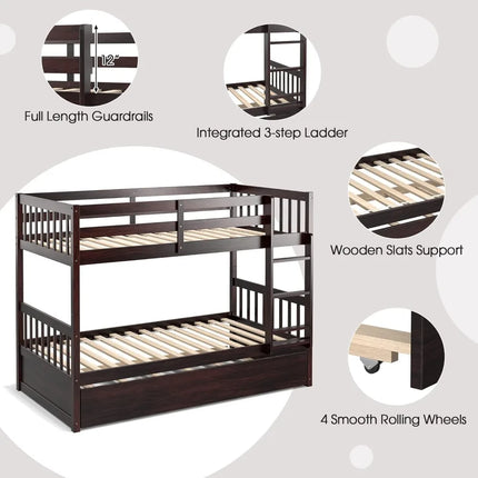 FurnitureZ l  Over Twin Bunk Bed with Trundle for Bedroom, Kids