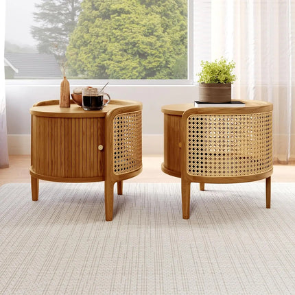 FurnitureZ l 19.69" Table with Roller Door & Woven Rattan for Living Room