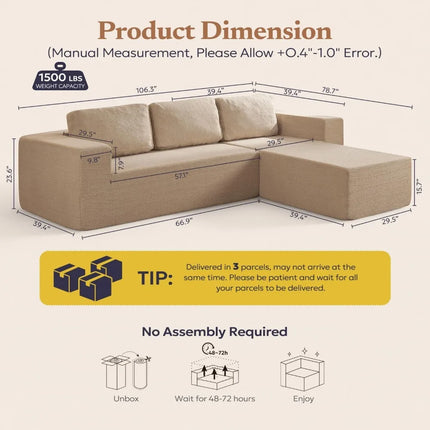 FurnitureZ l  106" L-Shape Modern Teddy Sofa for Living Room