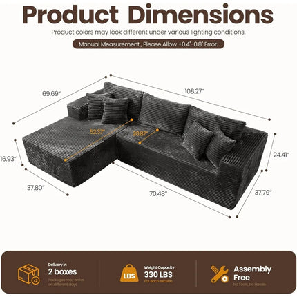 FurnitureZ l  108" L Shaped Modular Sofa Cloud Couch with Left Facing Chaise for Living Room