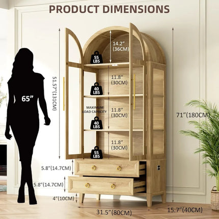 FurnitureZ l  Arched Glass Door Curio Cabinet for Living Room, Dining Room