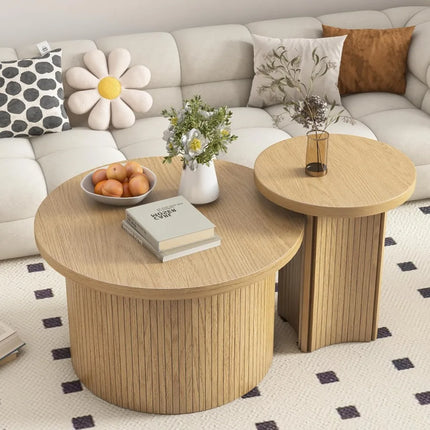 FurnitureZ l  Farmhouse Style Round Wood Coffee Table Set for Living Room