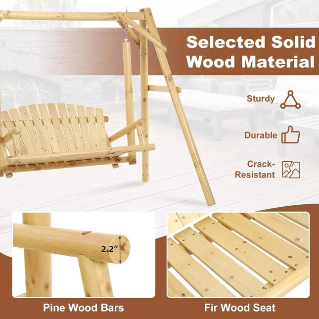 FurnitureZ l  Wooden 2-Seat Porch Swing with A-Frame Stand for Outdoor