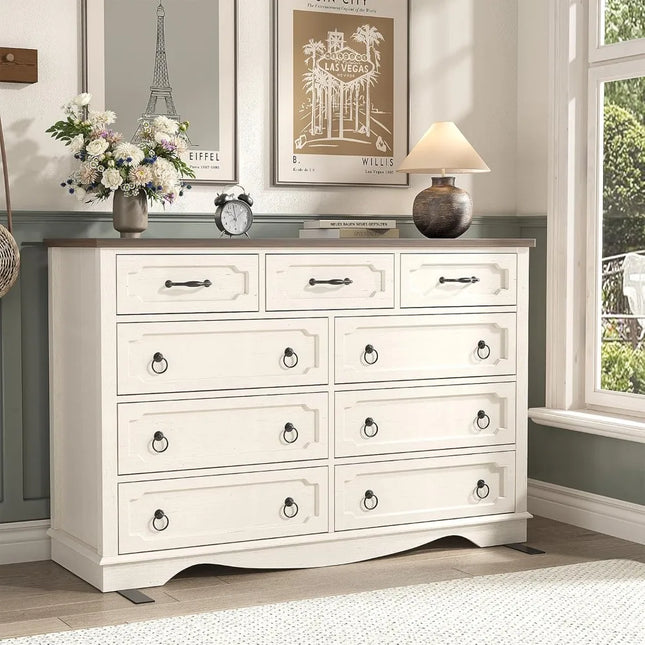 FurnitureZ l  Wide 9-Drawer Farmhouse Style Dresser for Bedroom, Dressing Room