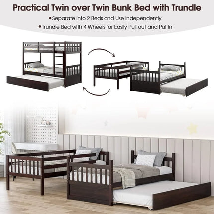 FurnitureZ l  Over Twin Bunk Bed with Trundle for Bedroom, Kids