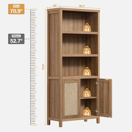 FurnitureZ l 71" Tall Bookshelf 5 Tier Rattan Boho Bookcase for Living Room, Home Office