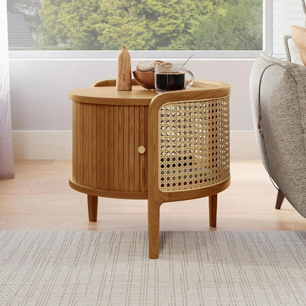 FurnitureZ l 19.69" Table with Roller Door & Woven Rattan for Living Room