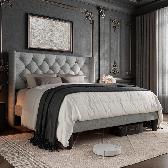 FurnitureZ l  Queen Size Upholstered Button Tufted Headboard Bed Frame for Bedroom